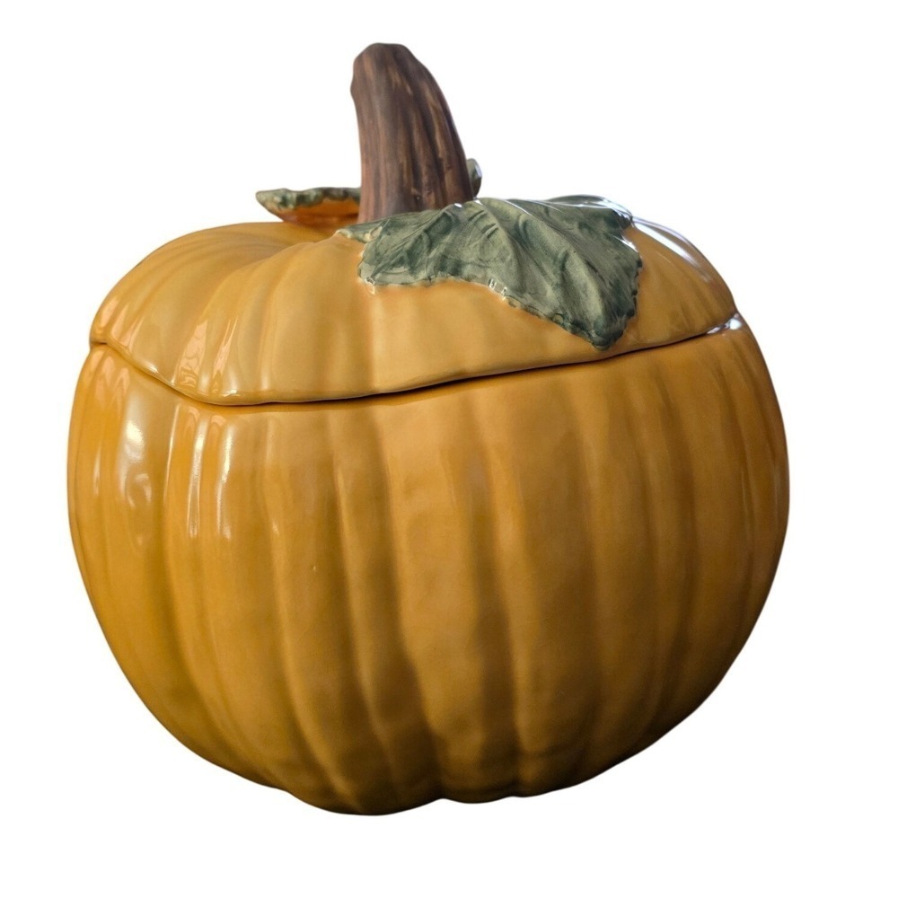 Williams Sonoma Pumpkin Tureen Lidded Serving Bowl Orange Ceramic Fall Harvest - Picture 2 of 11
